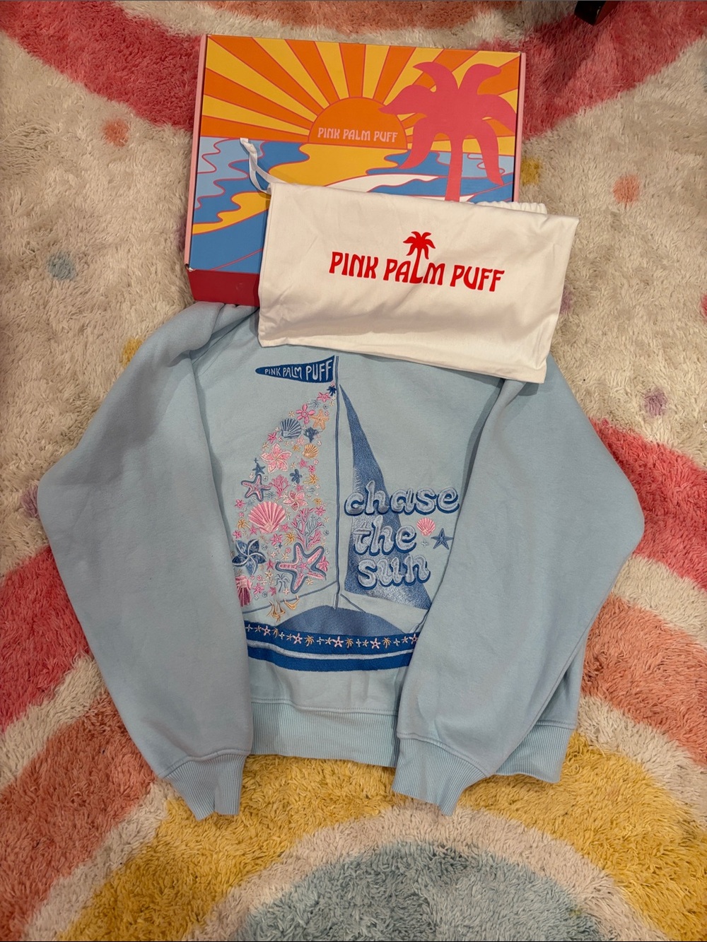 Pink Palm Puff Kids Light Blue "Chase the Sun" Sailboat Crewneck Sweatshirt